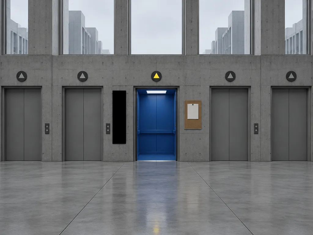 Deretan pintu lift beton yang tertutup, hanya satu yang terbuka ke kabin biru dengan lampu penunjuk kuning di atasnya.
